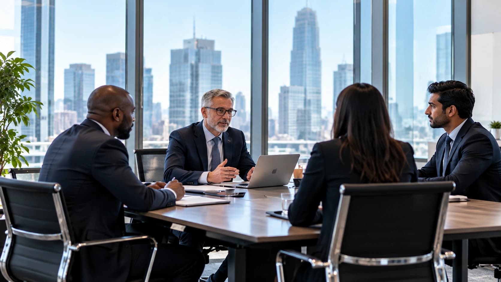An office meeting above the city skyline
