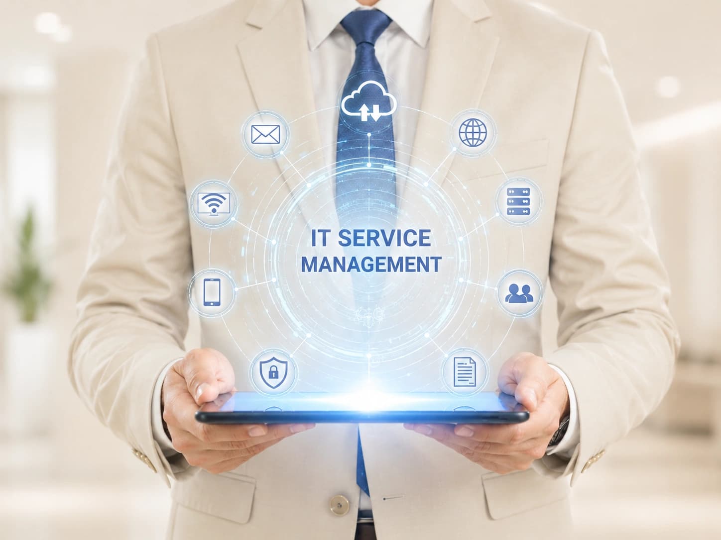 Business professional presenting connected IT service management systems